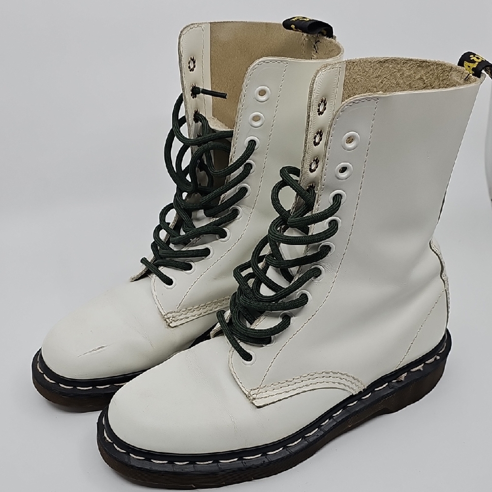 White Leather Boots with Green Laces